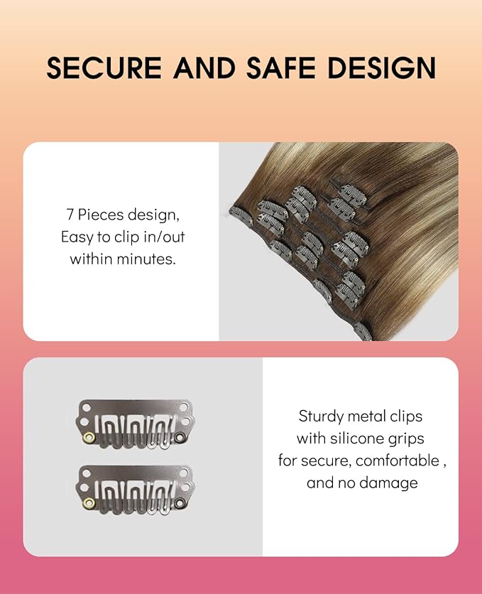 Youngsmile Human Hair Clip in Extensions, Human Hair Extensions Clip in Double Weft 18 Inch 7Pcs 120g, Balayage Brown Fading to Ash Brown Highlight with Medium Blonde(CLIP#3/8/22-18Inch)