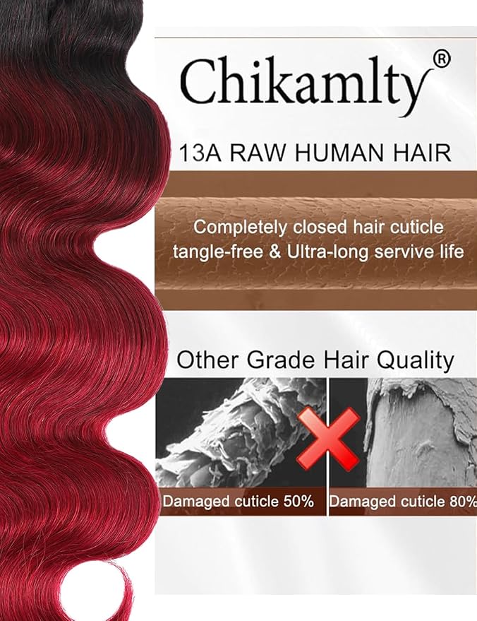 Ombre Bundles Human Hair, 13A Raw Indian Hair Bundles Body Wave, 18 Inch Colored 1B99J Burgundy Red Human Hair Bundles, Triple Service Life Keep Texture Silky Soft Tangle-Free