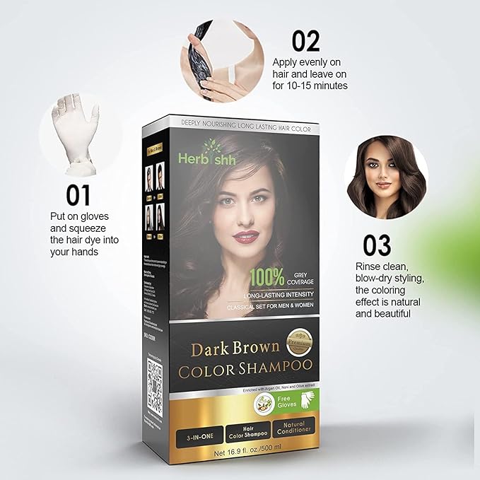 Combo Pack - Herbishh Dark Brown Hair Dye Shampoo + Argan Intense Hair Mask - Stimulates Dry, Frizzy Hair - Long-lasting Color in Minutes - 500ml