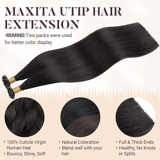MAXITA U Tip Hair Extensions Human Hair, Natural Black Hair Extensions Real Human Hair, 50g/50 Strands/Pack, 24 In Virgin Human Hair