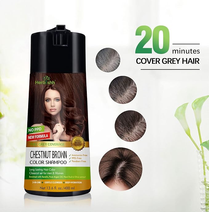 Herbishh Color Shampoo for Gray Hair - Enriched Formula with Conditioner - Long Lasting & DIY (CHESTNUT BROWN)