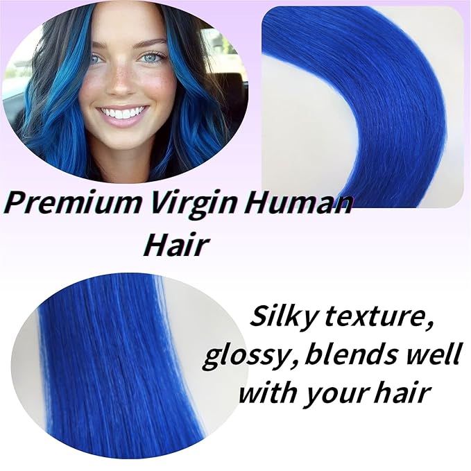 Blue Tape in Hair Extensions Real Human Hair Invisible Mini Human Hair Tape in Extensions Diy 20Inch 10Pcs Silky Soft Remy Hair for Party