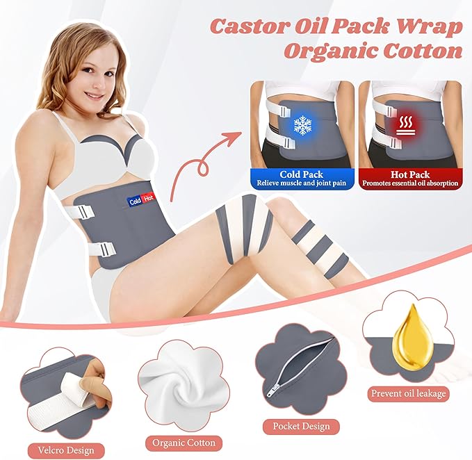 12 Pcs Castor Oil Pack Wrap-Grey, Castor Oil Pack Organic Cotton for Knees Shoulder Hands Neck Waist Chest and Feet, Adjustable Compress Pads for Entire Body