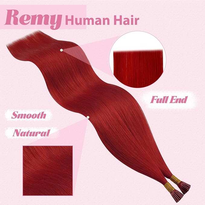 YoungSee Red I Tip Hair Extensions 25g Red I Tips Hair Extensions Real Human Hair Colored Keratin Tip Extensions 18In 30s Color Hair Extension for Women Girls Cosplay Invisible Extensions Human Hair