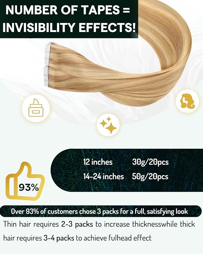 RUNATURE Remy Hair Tape in Extensions Blonde 22 Inch Straight Tape in Extensions Real Human Hair Golden Blonde Mix Light Blonde Tape in Hair Extensions Silky Tape in Human Hair Extensions 50g 20pcs