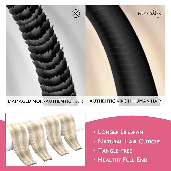 WENNALIFE Tape in Hair Extensions Human Hair Ash Blonde Highlighted Platinum Blonde Tape in Extensions, 10pcs 25g 14 inch Remy Invisible Tape Ins Straight Soft Real Human Hair Tape in Extensions