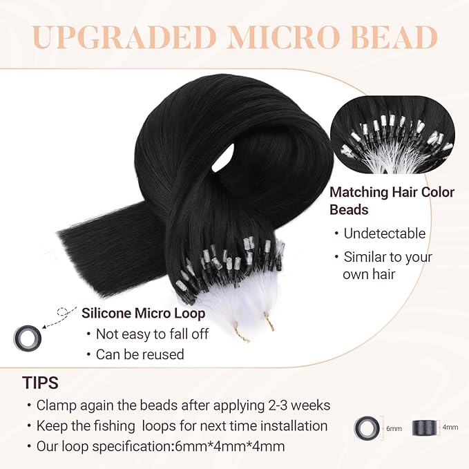 MAXITA Microlink Hair Extensions Human Hair Natural Black Micro Bead Hair Extensions Virgin Human Hair, 50g/50 Strands/Pack, 18 In
