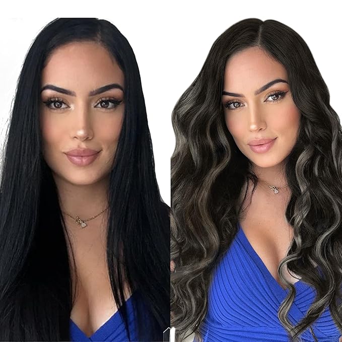 YoungSee 135G Clip in Hair Extensions Ombre Clip in Hair Extensions Human Hair Blend of Black and Silver with Black Roots Black Women for Natural Look 16In