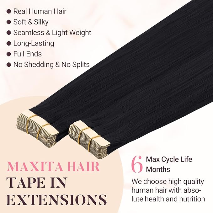 MAXITA Tape in Hair Extensions Human Hair Jet Black 24 Inch Hair Extensions Real Human Hair Invisible Tape in Extensions Seamless Remy Extensions for Women 50g 20pcs