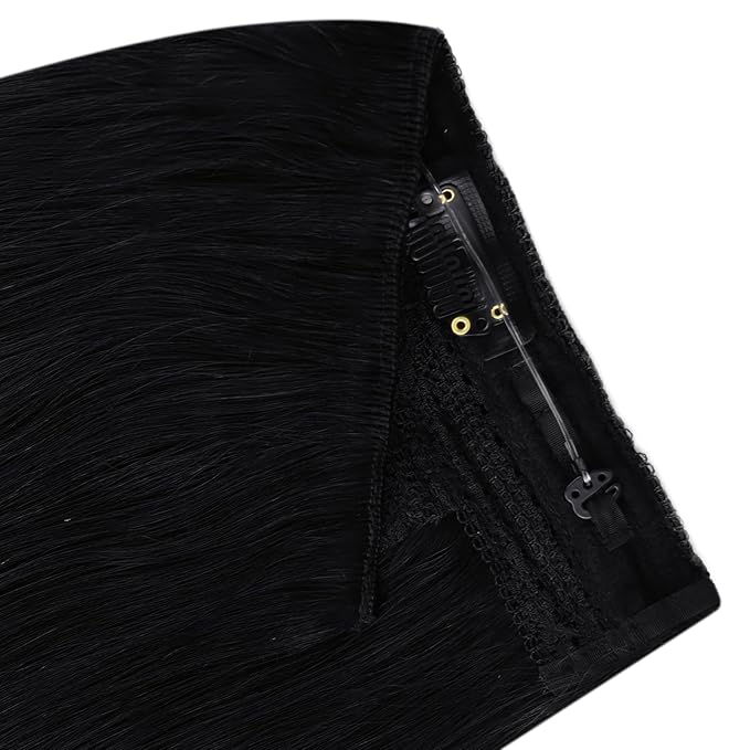 YoungSee Wire Hair Extensions Jet Black Hair Extensions Wire Natural Black Wire Hair Extensions Real Human Hair Invisible Fish Line Hair Extensions Short Human Hair Extensions 12Inch 70g