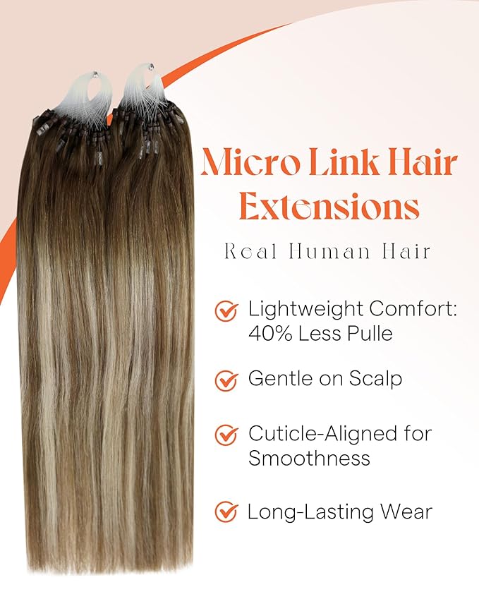 Sunny Hair Micro Link Hair Extensions Human Hair 24inch Micro Loop Human Hair Medium Brown Ombre Platinum Blonde Balayage Micro Hair Extensions Real Human Hair for Daily Use 50g