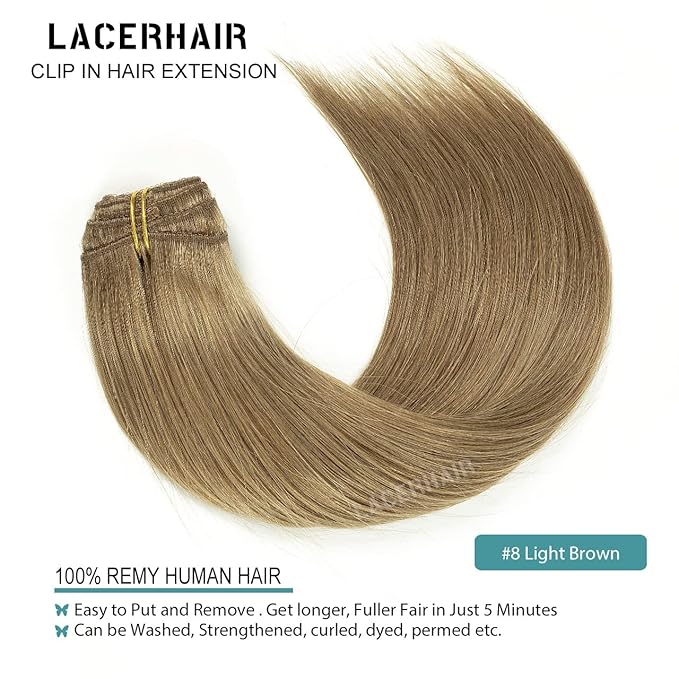 Lacer Hair Extensions Clip In Real Human Hair Extensions 120g 7 Pieces Silky Straight Weft Remy Human Hair Clip in Hair Extensions Light Brown #8 20 Inch