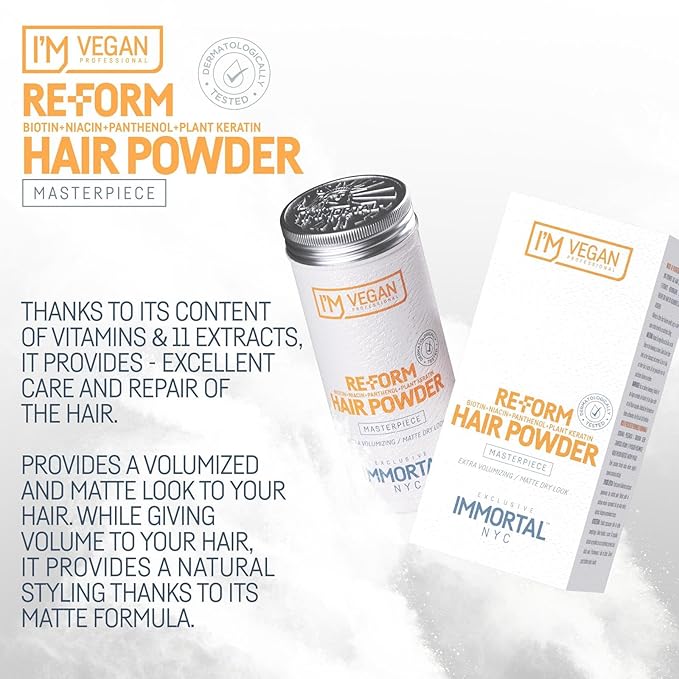 Immortal NYC Re-Form Hair Powder - Vegan Volumizing Matte Powder for Hair & Beard, Biotin, Panthenol & Plant Keratin, Extra Volume, Messy Matte Look, 20g