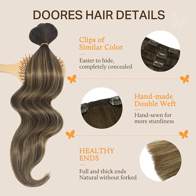 DOORES Hair Extensions Real Human Hair, Balayage Chocolate Brown to Caramel Blonde 18 Inch 150g 9pcs, Real Hair Extensions Clip in Human Hair Remy Clip in Hair Extensions Human Hair Natural
