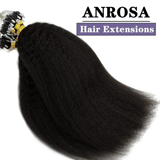 Anrosa Microlink Hair Extensions Human Hair Kinky Straight Micro Loop Hair Extensions 100% Brazilian Virgin Hair Cold Fusion Micro Rings Hair Extensions for Black Women 14 Inch 40g 50 Strands