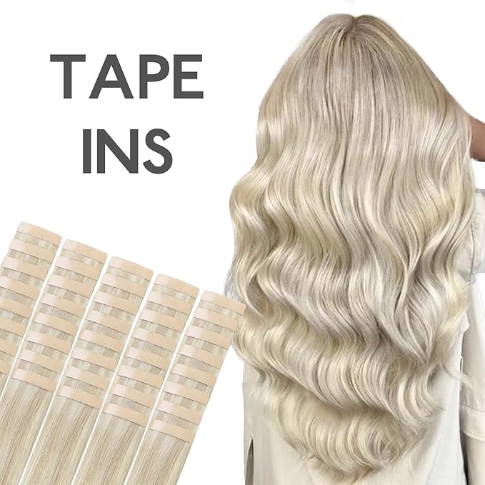 WENNALIFE Tape in Hair Extensions Human Hair, 40pcs 100g 20 inch Ash Blonde Highlighted Platinum Blonde Hair Extensions Real Human Natural Hair Straight Tape in Invisible Extensions