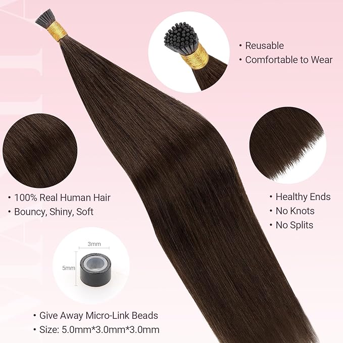 MAXITA I Tip Hair Extensions Human Hair,50g/50s Chocolate Brown 24 Inch Comfortable Wear, Invisible & Natural Cold Fusion, 100% Remy Human Hair Itip Keratin Hair Extensions