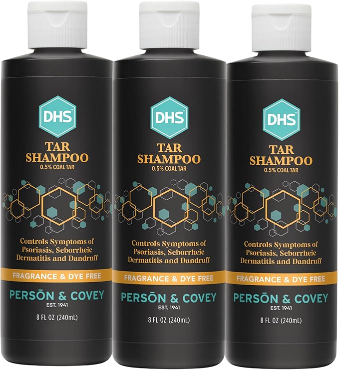 DHS Person & Covey, Inc Coal Tar Shampoo - Dandruff Shampoo for Men & Women, Psoriasis & Dandruff Hair Care for Itchy Scalp, Unscented Seborrheic Dermatitis Hair Care - 8 Fl Oz, Pack of 3