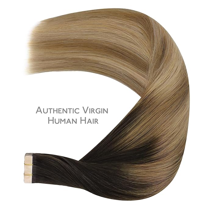 WENNALIFE Tape in Hair Extensions Human Hair Dark Brown to Chestnut Brown and Dirty Blonde Highlighted Tape in Extensions, 10pcs 25g 14 inch Remy Invisible Tape Ins Straight Colored Soft Refill Set