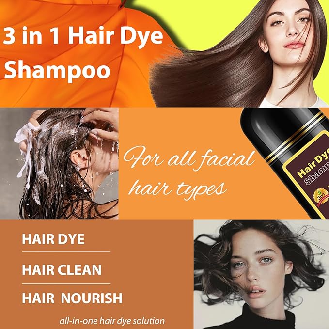 Hair Dye Shampoo 3 in 1, Long-Lasting Gray Coverage, Hair Color Shampoo with Herbal Ingredients, Easy Application for Women Men 16.9 Fl Oz (Black Tea)