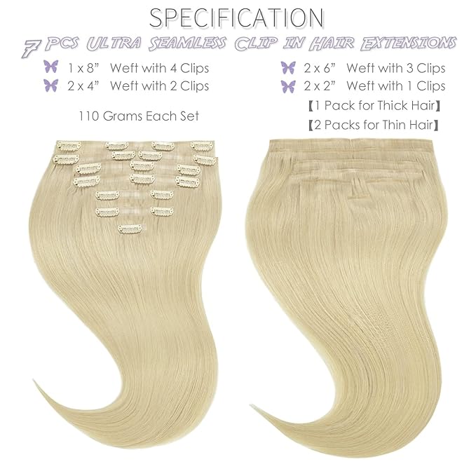 Lacer Clip in Hair Extensions 20 Inch 8Pcs Blonde Clip in Hair Extensions 19 Clips Platinum Blonde PU Weft Seamless Extensions Clip in Human Hair 150 Grams