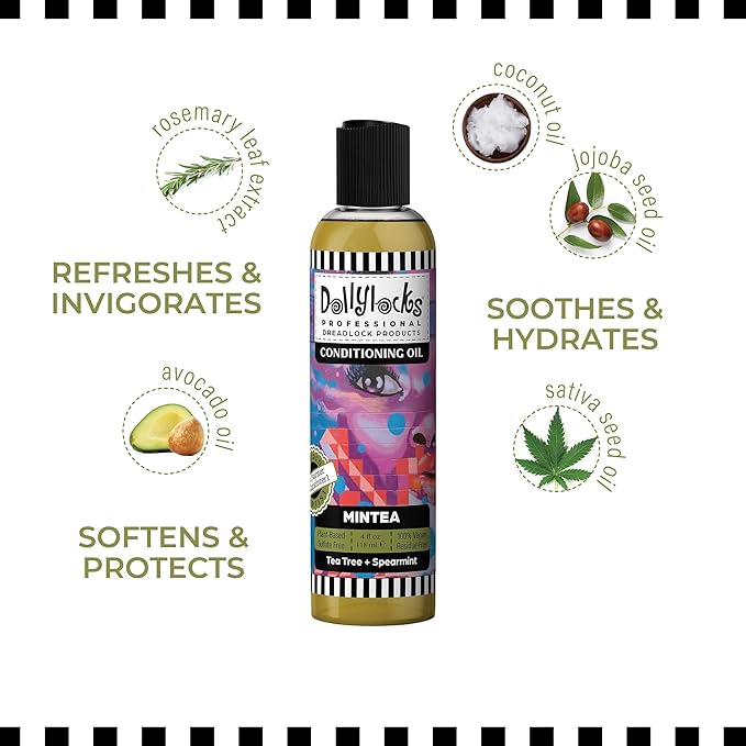 Dollylocks Conditioning Oil – Plant-Based & Residue-Free Moisturizing Scalp & Dreadlock Oil, pH Balanced,Vegan (Mintea Scent, 4oz)