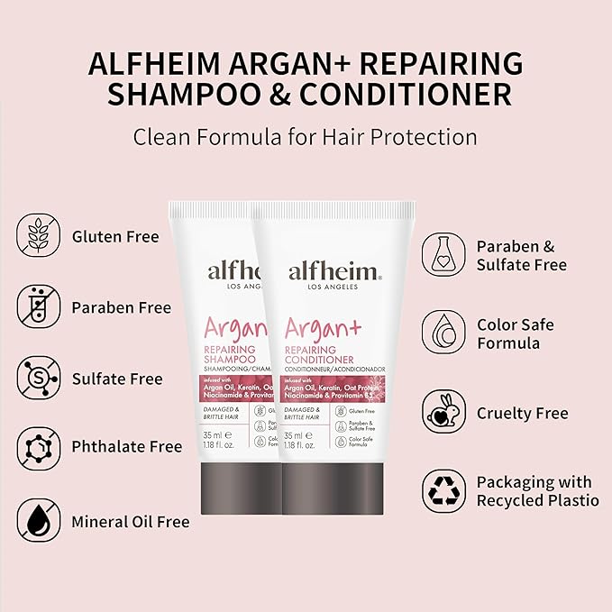 ALFHEIM Argan Repairing Shampoo & Conditioner Travel Set | Sulfate-Free&Paraben-Free | Argan Oil, Keratin & Niacinamide for Dry, Damaged, Color-Treated Hair | Hydrating, Strengthening & Anti-Frizz