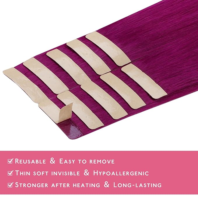 WENNALIFE Tape in Hair Extensions Human Hair Violet Tape in Extensions, 10pcs 20g 12 inch Remy Invisible Tape Ins Straight Colored Soft Real Human Hair Tape in Extensions Refill Set Extensions