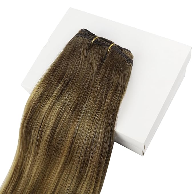 Full Shine Sew In Hair Extensions Real Human Hair Weft Hair Extensions Human Hair Color Brown To Blonde Mix Brown Manchine Tied Weft Human Hair Extensions Silky Hair Short Hair Extensions 14 Inch 100G