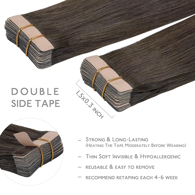 WENNALIFE Tape in Hair Extensions Human Hair, 20pcs 50g 22 inch Cool Dark Brown Remy Hair Extensions Straight Human Hair Tape in Extensions Skin Weft Tape Extensions