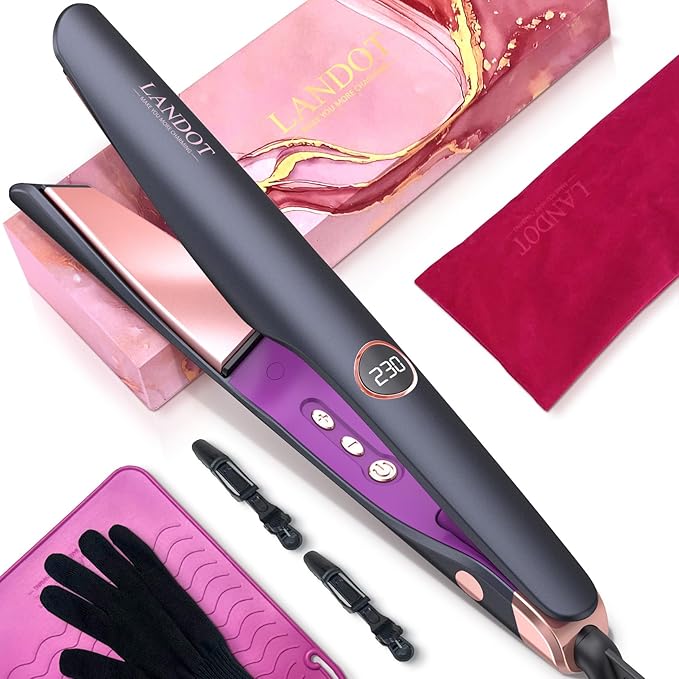 LANDOT 2-in-1 Hair Straightener and Curler - Twist Flat Iron Curling Iron for Smooth Curls & Sleek Straight Salon Results - Dual Voltage Ceramic Straightener Adjustable Temp for All Hair Types
