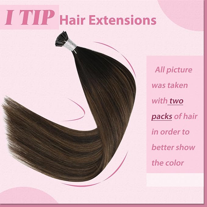 YoungSee I Tip Hair Extensions Human Hair Brown Itip Hair Extensions Balayage Dark Brown with Medium Brown Tip Hair Extension 16 Inch Ombre Cold Fusion Hair Extension Invisible for Adults 50g 80s