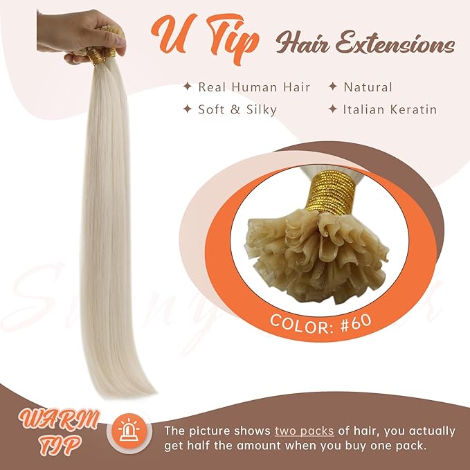 Sunny Hair White Color U tip Hair Extensions Human Hair 24inch U Tip Hair Extensions Human Hair Platinum Blonde Ktips Human Hair Extensions Add Hair Length 50g