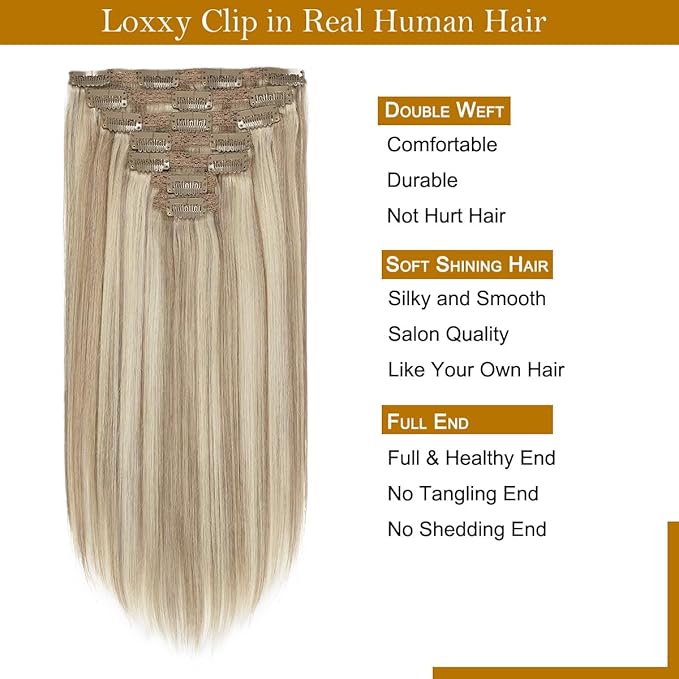 Loxxy Long Clip in Hair Extensions Human Hair Thick Ash Blonde Highlight Natural Silky Light Golden Blonde Extensions Clip ins 22inch 7pcs 140g