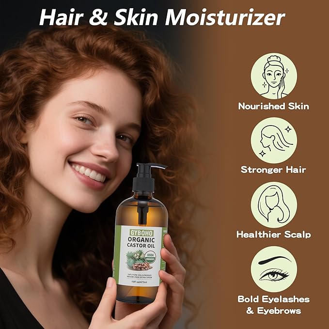 Castor Oil Organic Cold Pressed Unrefined Glass Bottle,Castor Oil for Pack Wrap, Liver Detox, Hair Growth -Face-Lashes & Eyebrows