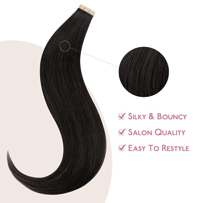 WENNALIFE Tape in Hair Extensions Human Hair Natural Black Tape in Extensions, 10pcs 20g 10 inch Remy Invisible Tape Ins Straight Colored Soft Real Human Hair Tape in Extensions Refill Set Extensions