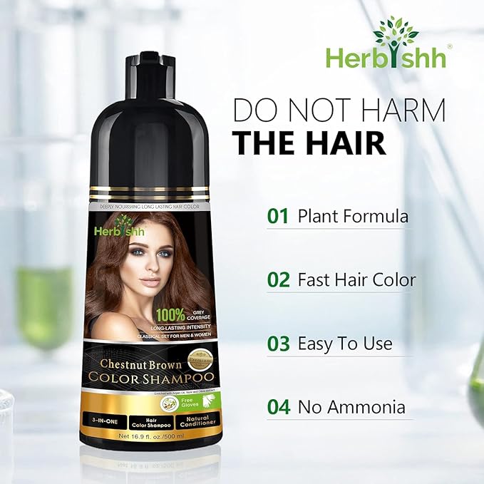 Herbishh Chestnut Brown Hair Dye Shampoo 3 In 1, Color Shampoo For Gray Hair Coverage 500 ML Argan Oil & Pro Keratin Deep Conditioning Hair Mask 150gm & Ginger Essential Oil Serum For Hair Growth 30ml
