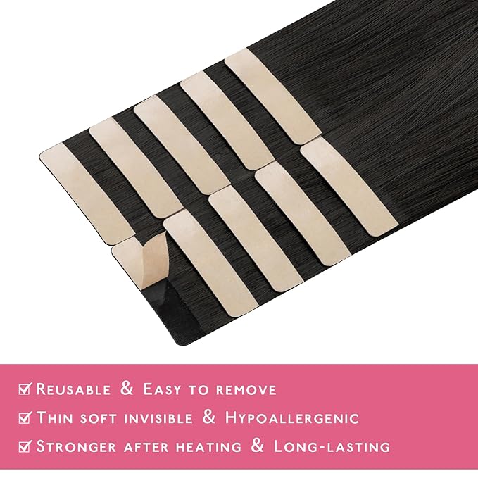 WENNALIFE Tape in Hair Extensions Human Hair Natural Black Tape in Extensions, 10pcs 20g 10 inch Remy Invisible Tape Ins Straight Colored Soft Real Human Hair Tape in Extensions Refill Set Extensions