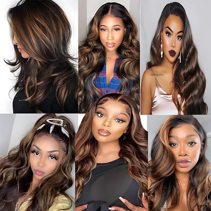 P430 Highlight Body Wave Bundles 10 12 14 Inch Human Hair Chocolate Brown and Brown Bundles Mix Two Tone Double Weft Weave Brazilian Human Hair Extensions Silky and Soft