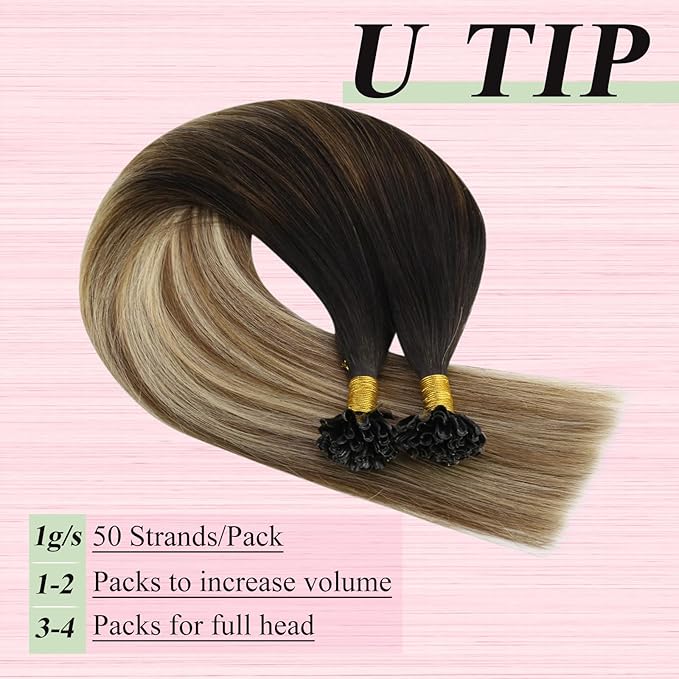 YoungSee U Tip Hair Extensions Human Hair Balayage Keratin Hair Extensions U Tip Ombre Dark Brown to Brown with Blonde K Tips Hair Extensions Silky 18In Balayage Utip Remy Hair Extensions 1g/s 50g
