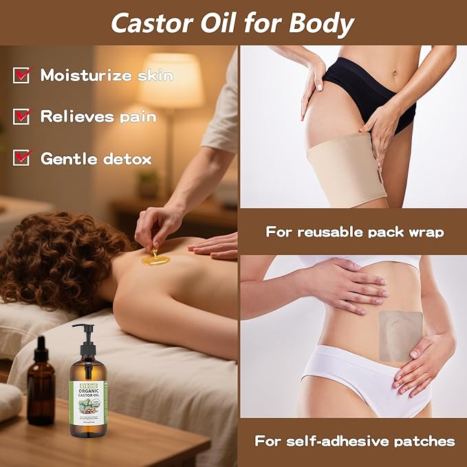 Castor Oil Organic Cold Pressed Unrefined Glass Bottle,Castor Oil for Pack Wrap, Liver Detox, Hair Growth -Face-Lashes & Eyebrows