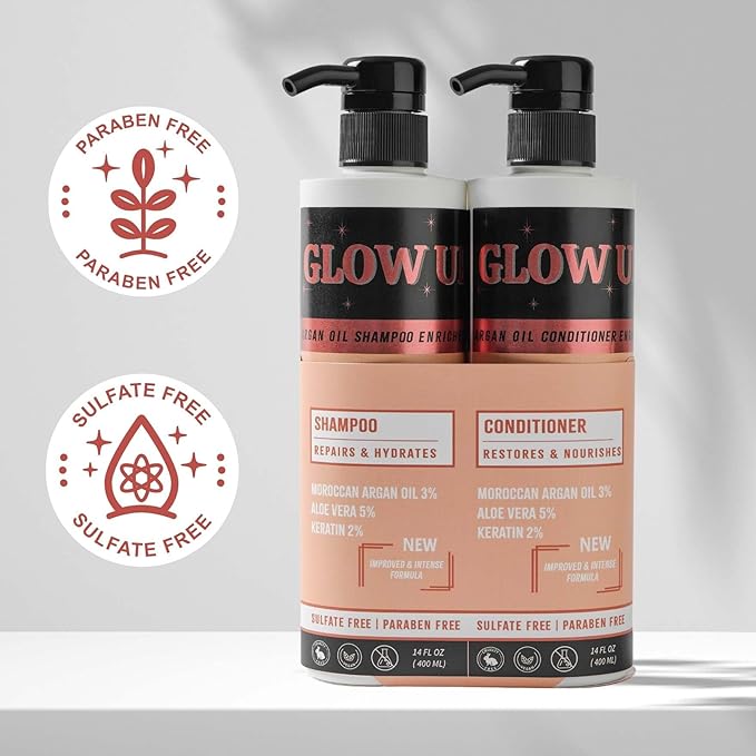 GLOW UP by Nurse Harvey's - Argan Oil Shampoo & Conditioner Set with Keratin & Aloe Vera, 14 fl oz Each – Repairs, Hydrates, Restores Shine – Sulfate Free, Paraben Free, Vegan & Cruelty Free