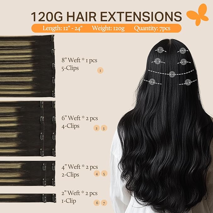 DOORES Clip in Hair Extensions Human Hair, Balayage Natural Black to Light Blonde 7pcs 120g 14 Inch, Remy Extensions Real Human Hair Straight Weft