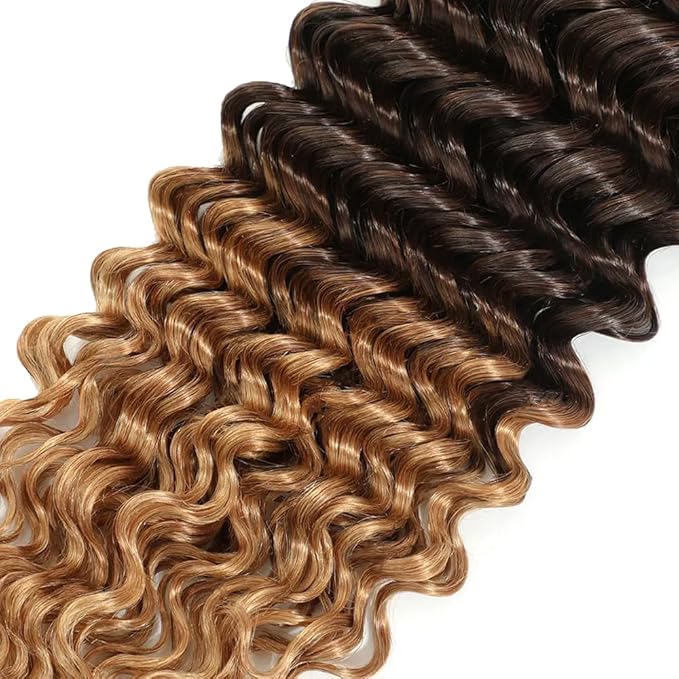 Ombre Human Hair Bundles T1B4/27 Deep Wave Bundles Brazilian Grade 8A Virgin Hair Extensions 14 16 18 Inch Double Weft 3 Tone Brown and Honey Blonde Bundle