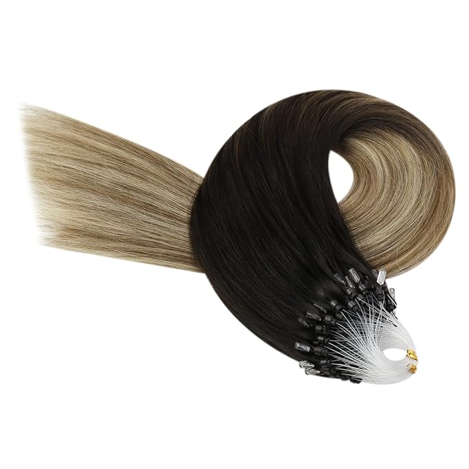 YoungSee Micro Loop Hair Extensions Real Human Hair Balayage 16In Microbead Hair Extensions Human Hair Dark Brown Ombre Blonde with Brown Roots Beaded Hair Extensions Soft and Silky 50g 50s