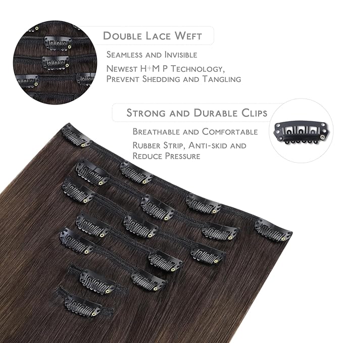 WENNALIFE Clip in Hair Extensions Real Human Hair, 16 Inch 120g 7pcs Human Hair Extensions Clip In Human Hair, Ombre Dark Brown to Light Chestnut Brown Clip In Real Hair Coloured Remy