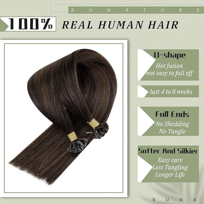 RUNATURE U Tip Hair Extensions Human Hair 22 Inch Straight U Tip Human Hair Extensions Balayage Dark Brown to Ash Brown with Dark Brown Pre Bonded Hair Extensions Remy Hair Silky 50g 50 Strands