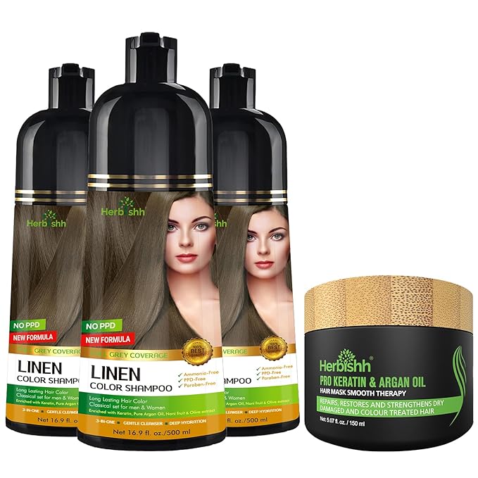 Herbishh Lenin 3 in 1 Hair Dye Shampoo (Pack of 3) 16.9 FL Oz Each and Pro Keratin Argan Oil Hair Mask 5.07 Fl Oz Combo for Dry Damaged Hair 150 ML - Long Lasting Grey Hair Color forMen & Women
