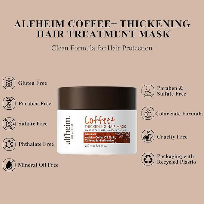 Alfheim Coffee+ Thickening Hair Mask | Biotin & Caffeine for Fine & Thinning Hair | Deep Conditioning & Strengthening Treatment | Moisturizes, Repairs & Adds Volume | Sulfate-Free & Color-Safe 8.45 oz