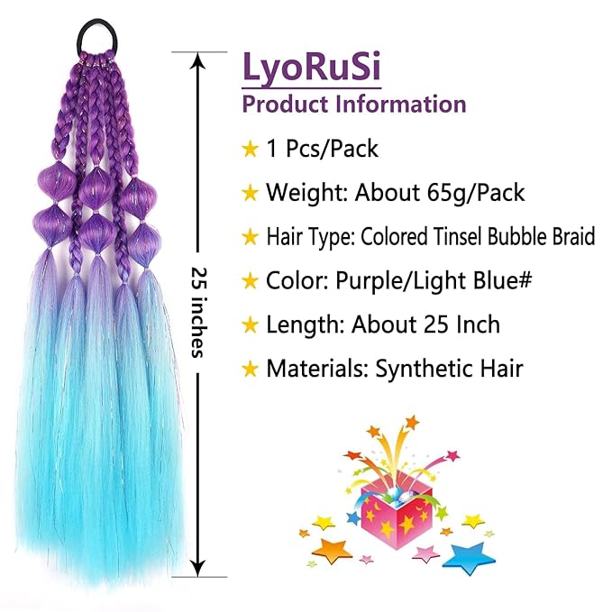 Colored Braided Ponytail Extension, 25 Inch Purple Blue Gradient Tinsel Bubble Ponytail Extension with Hair Tie, Ombre Crazy Hair Day Accessories for Girls Festival Rave (Purple/Light Blue#)